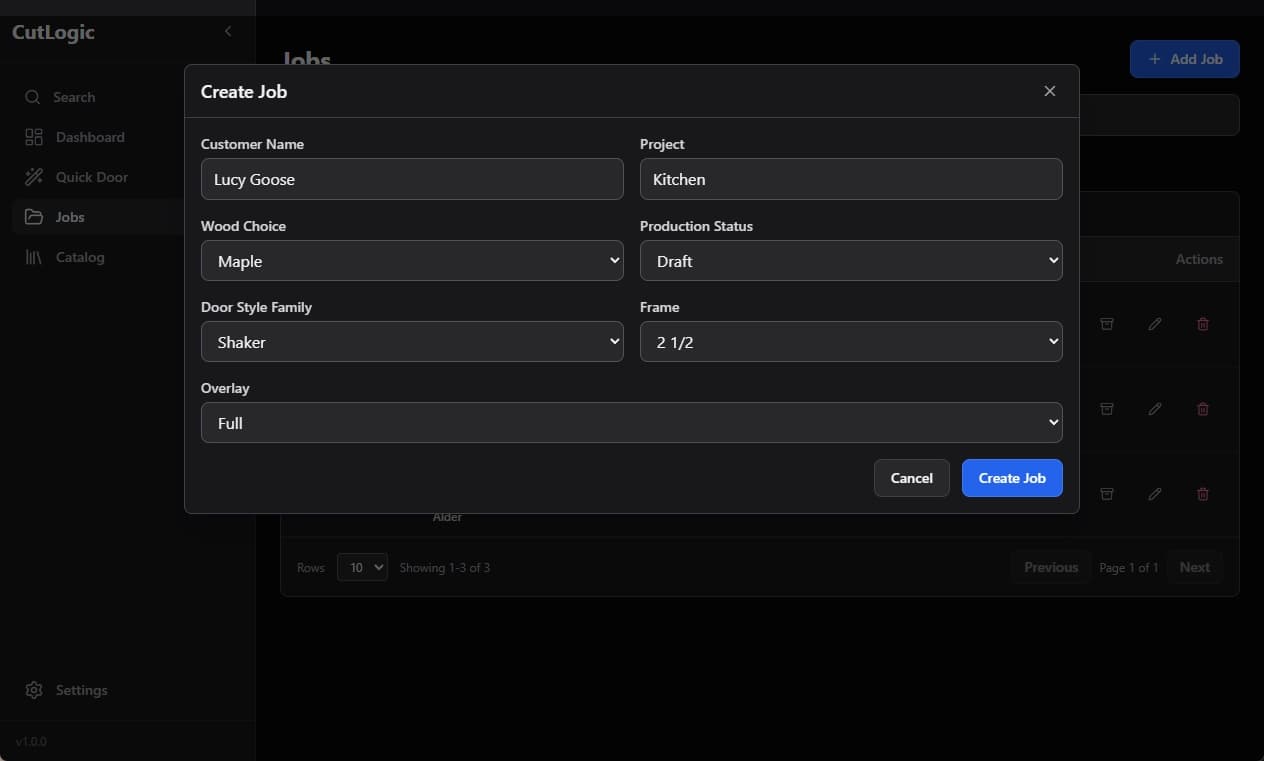 CutLogic job setup screen
