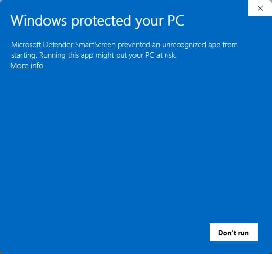 Windows SmartScreen initial warning prompt