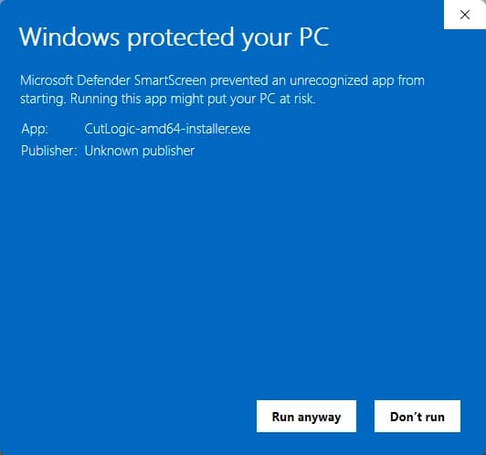 Windows SmartScreen with More info expanded and Run anyway option